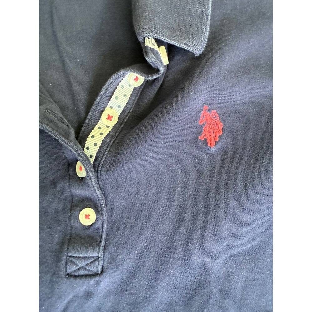 U.S. Polo Assn. Navy Blue Cotton Polo Shirt Polka Dot Trim Women Medium Preppy - Picture 4 of 6